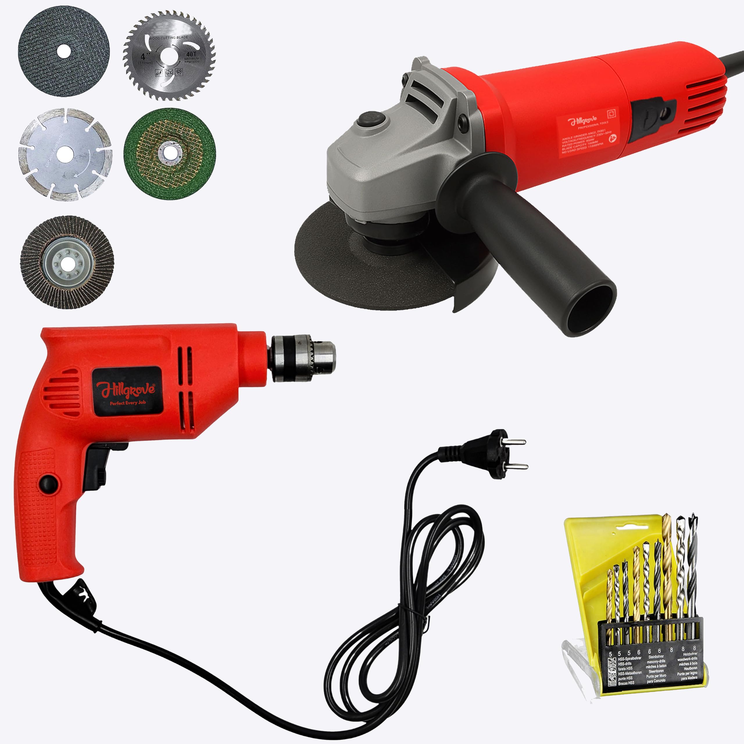 Hillgrove HGCM1385M2 100% Copper Winding 10mm Drill Gun Drilling Machine Kit Set with 4"inch Hand Angle Grinder Wall Cutter Grinding Glender Cutting Machine-image-3