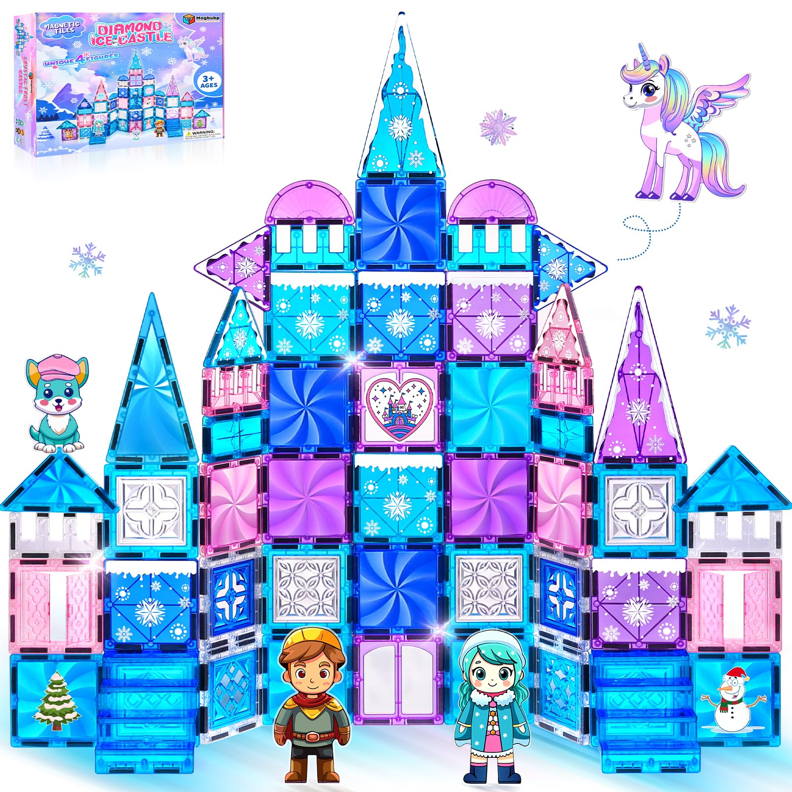 Princess Castle Magnetic Tiles 112PCS with 4 Dolls 2 Stairs &DIY Decors Kit | Diamond Snow Designs, Magnetic Coloring Decors,Magnet Tiles for Kids 3-5 4-8-12,STEM Princess Toys for Girls Kids Xmas Gifts