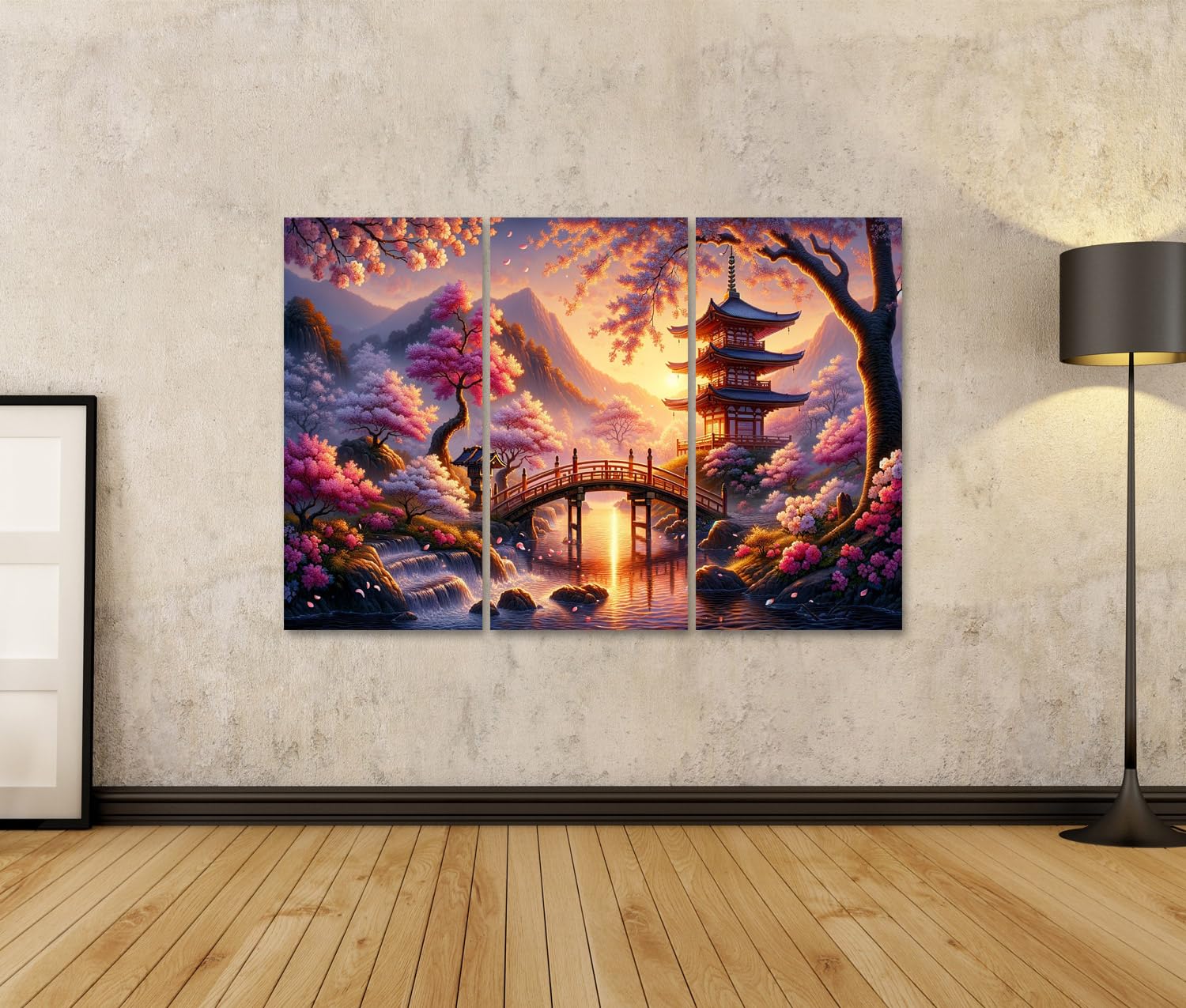 islandburner Cuadro sobre lienzo Escena japonesa serena con cerezos en plena floración. La escena se reproduce durante la época más hermosa del año. Cuadros de pared Póster