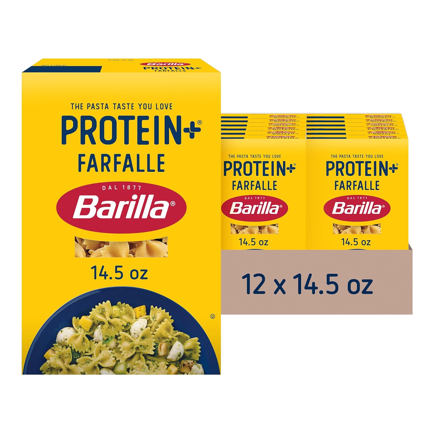 Barilla Protein+ (Plus) Farfalle Pasta, 14.5 Ounce (Pack of 12) - plant based - Made from Lentils, Chickpeas & Peas - Non-GMO, Kosher Certified