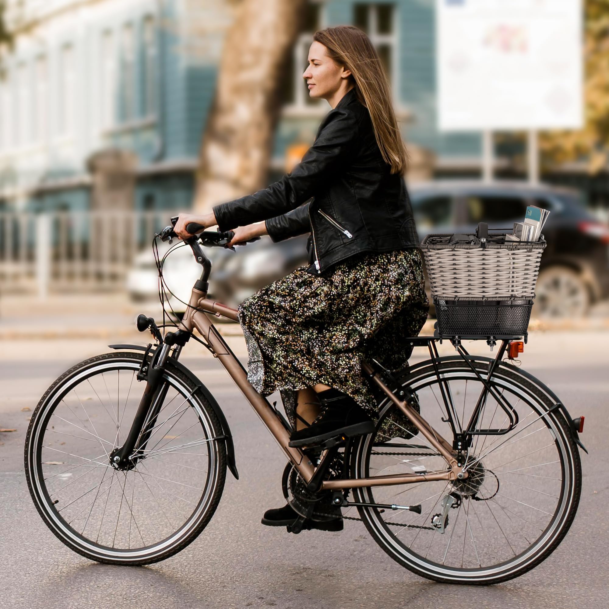 Cesta Trasera para Bicicleta – Gran Cesta Trasera con Cierre rápido, Red para Equipaje y Funda Impermeable, Cesta Tejida a Mano con Gran Capacidad