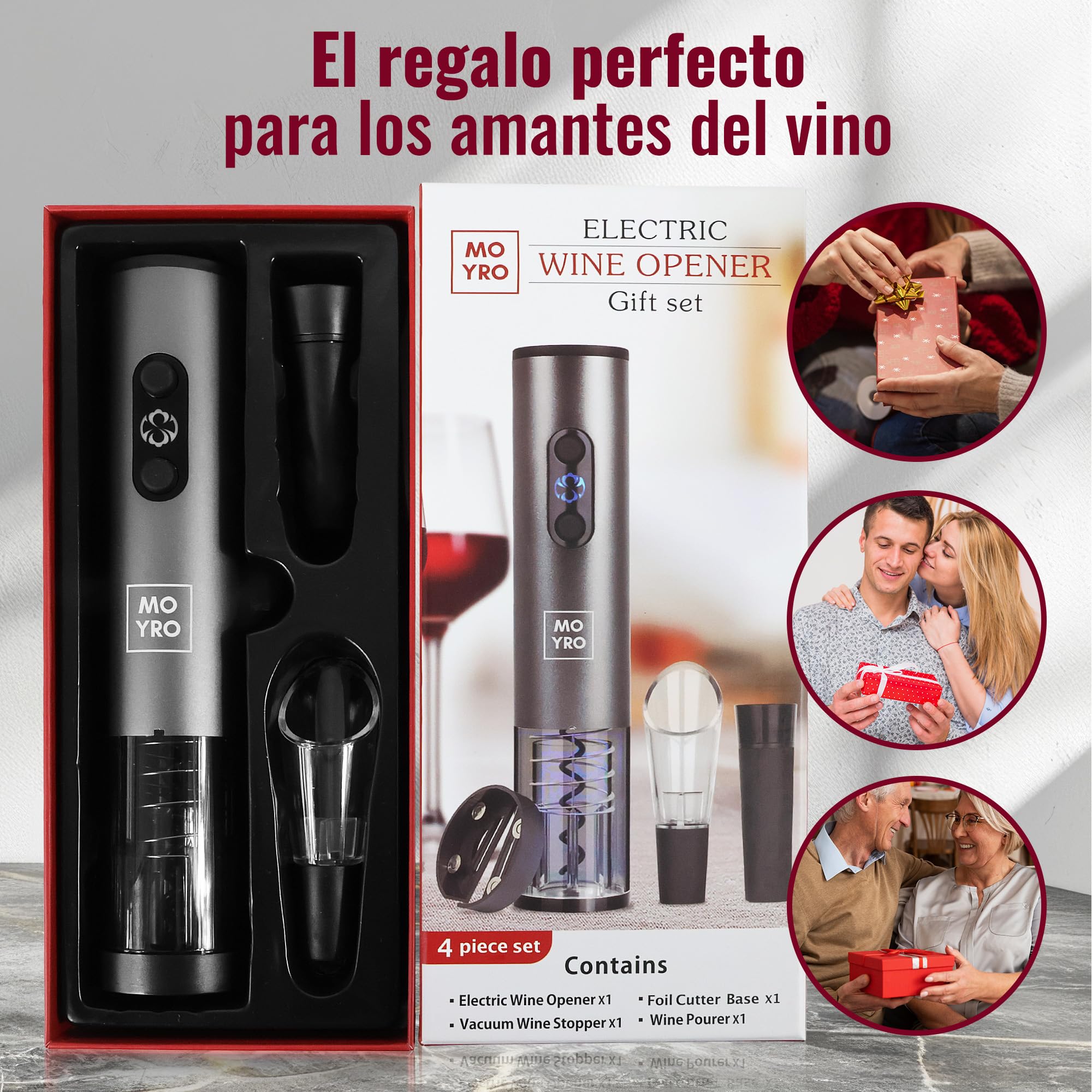 Sacacorchos Eléctrico, Abridor de Vino Automatico Profesional 4 en 1 con Cortacapsulas Botella, Vertedor de Vino, Tapón de Vino de Vacío, Funciona con 4 Pilas AA (no incluidas).