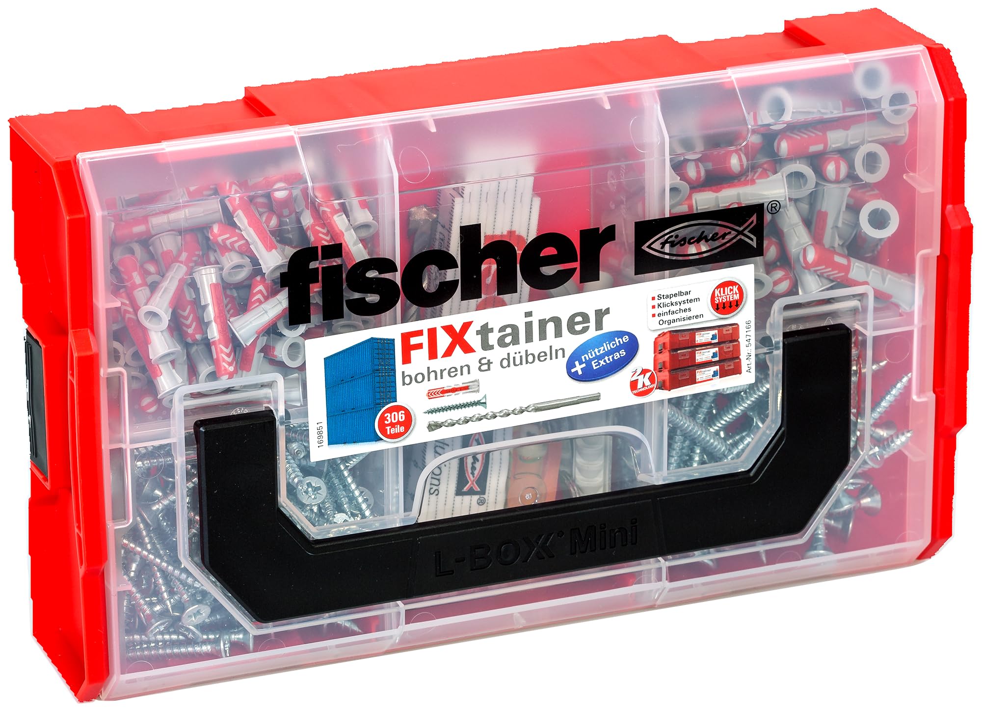 fischer 547166 Drilling Machine (306 Pieces), Fixtainer – Drilling and Plugs + Extras, 6 x 30 and 8 x 40