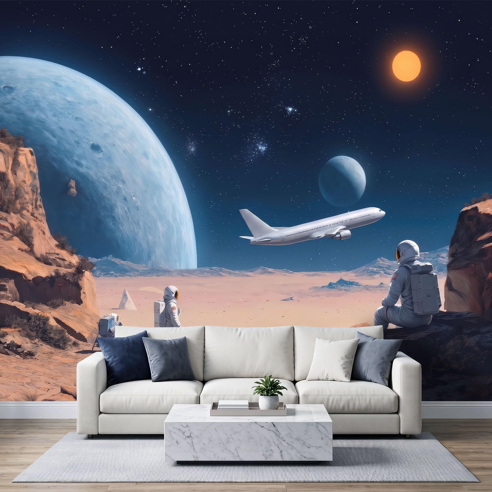 Eksploracja kosmosu fototapeta 350 szer. x 256 cm wysokości, nowoczesna sci-fi skała astronauta samolot wodoodporna tapeta mural - brązowa sztuka ścienna do sypialni przedszkola kominka salonu