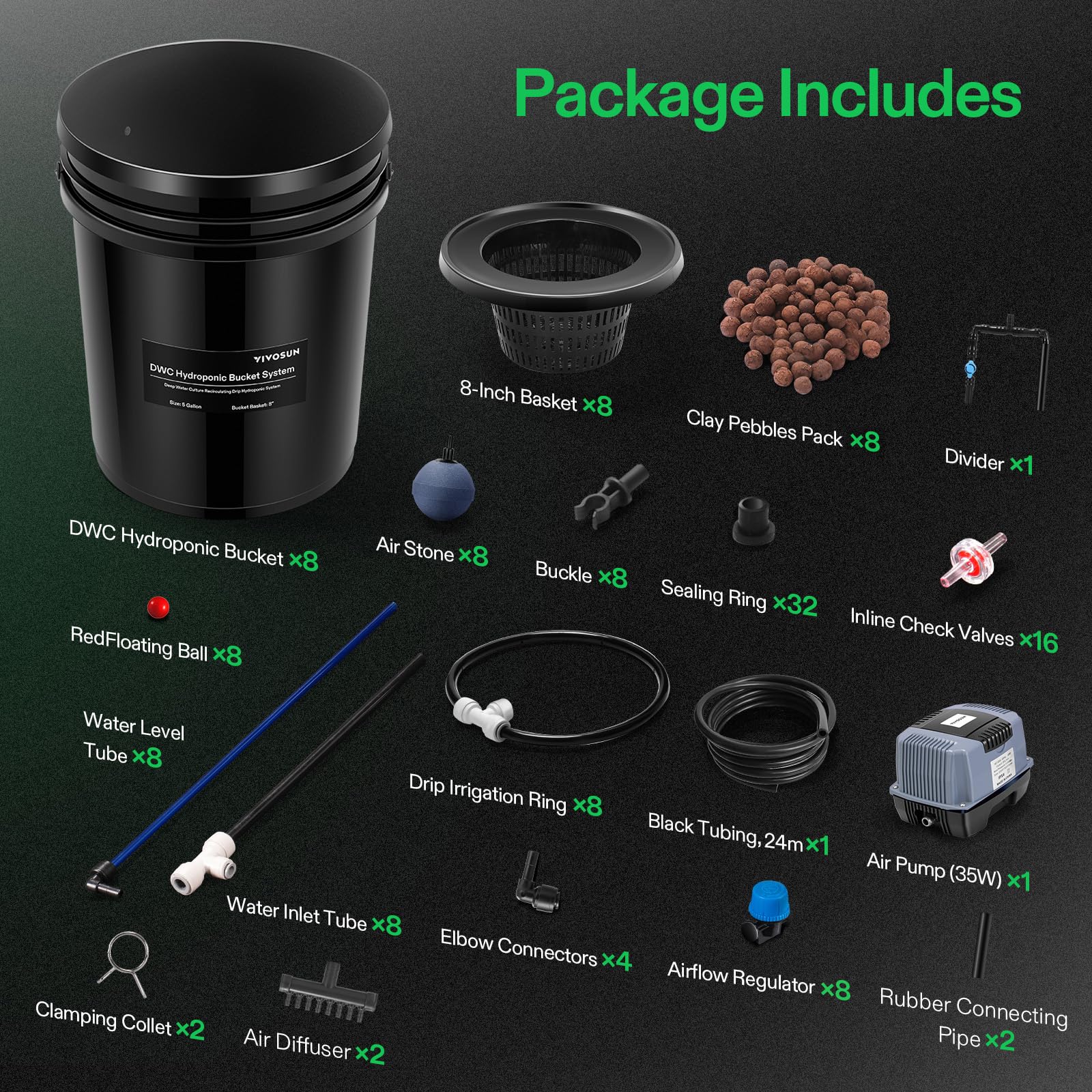 VIVOSUN- Sistema de cultivo hidropónico DWC con kit de goteo superior, sistema de riego por goteo de recirculación de 5 galones con manguera de aire multiusos, bomba de aire y piedra difusora (8 balde