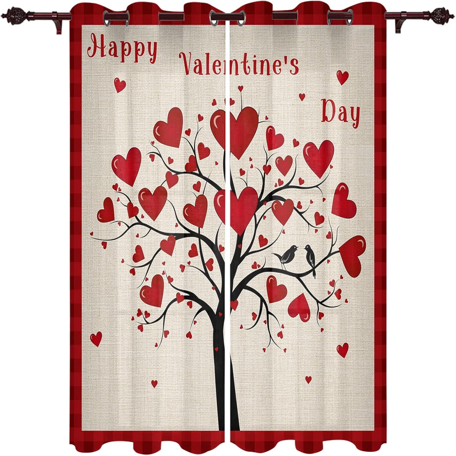 Valentine's Day Window Curtain Romantic Love Tree Windows Drapes Panel, Vintage Beige Burlap Light Filtering Kitchen Cafe Curtains Drape Treatment Set of 2 with Grommet Top