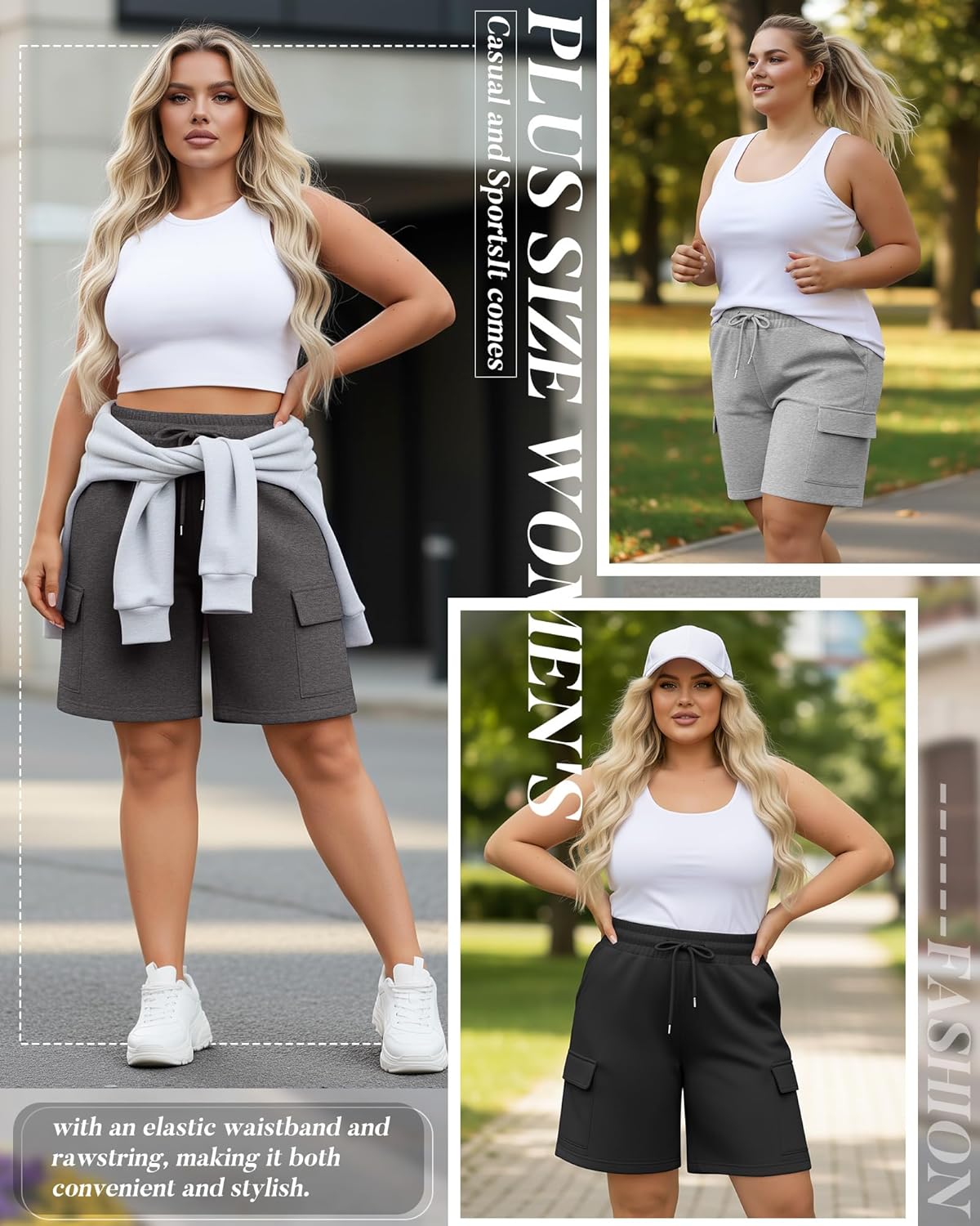 Neer 3 Pack Women's Plus Size Cargo Shorts Elastic Drawstring Bermuda Short Casual Loose Athletic Yoga Shorts with 4 Pockets - Image 4