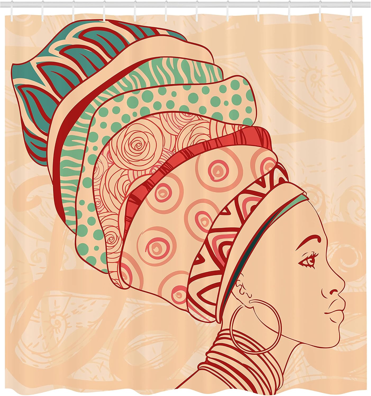 Ambesonne African Shower Curtain, Local Female Portrait with Necklace Earring and Turban Ornaments, Cloth Fabric Bathroom Decor Set with Hooks, 69" W x 70" L, Peach Red Teal