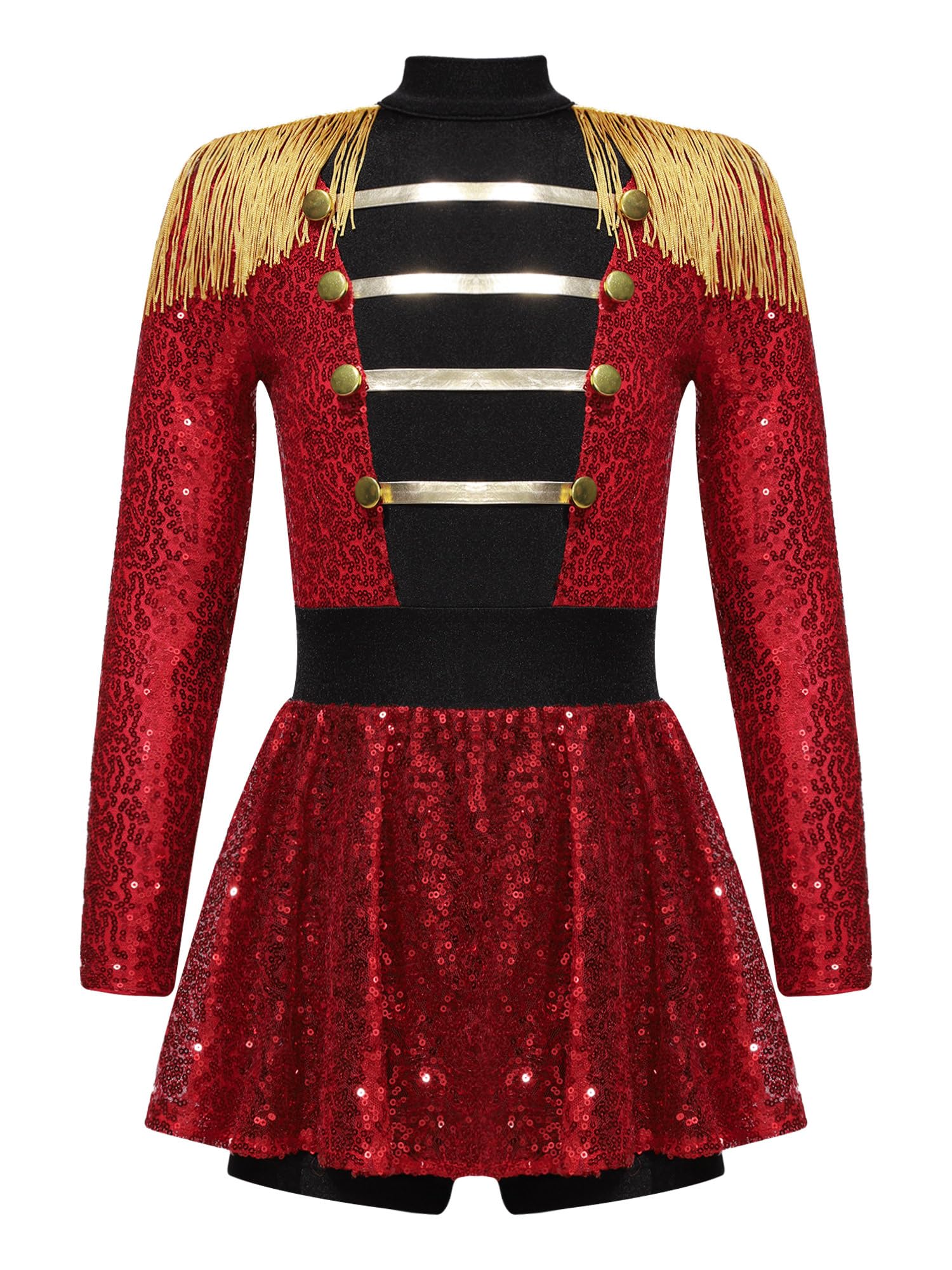 RUNQHUI Kids Girls Sparkly Sequins Tassels Long Sleeve Dance Leotard Dress Majorette Costume Marching Band Uniform Red 15-16 Years