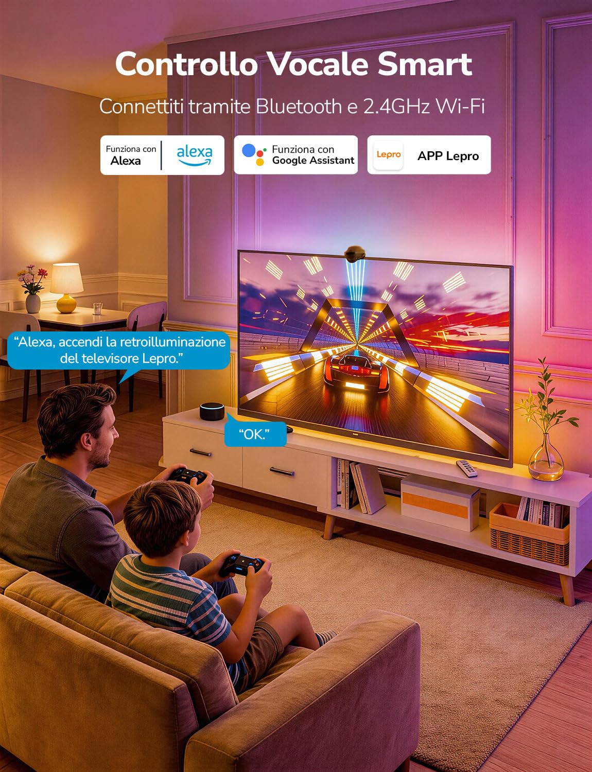 Lepro STV1 Smart Retroilluminazione TV LED 55-65 Pollici | Striscia LED TV con telecamera e sincronizzazione istantanea,Funziona con Alexa/Google Home