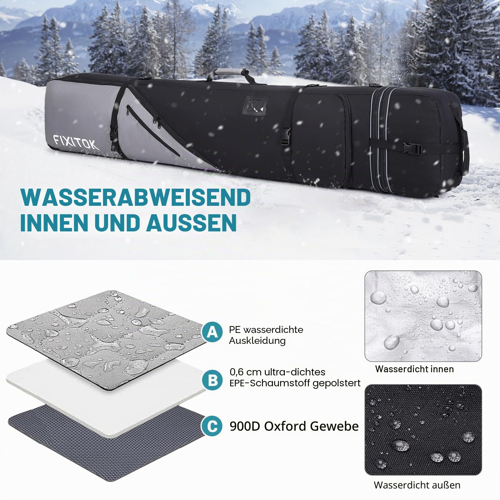 FIXITOK Snowboard & Skitasche für die Luftfahrt, wasserdichte Vollgepolsterte Snowboardtasche für Board, Stiefel, Kleidung, Helm und Ausrüstung, Verstellbare Länge Skitasche (157 cm - 181 cm)