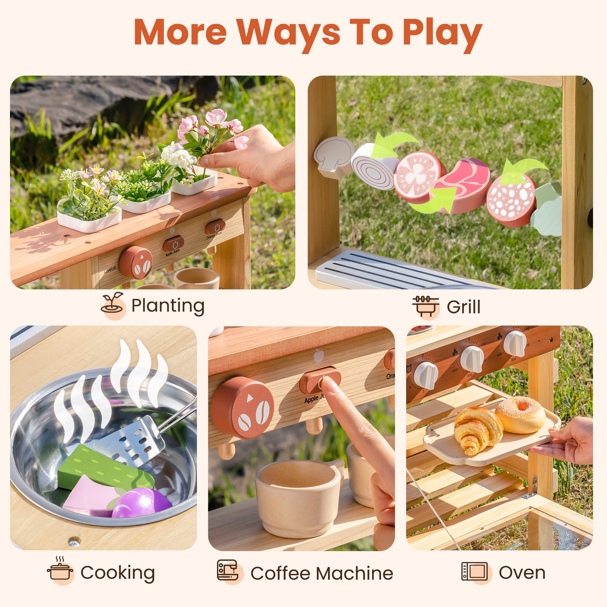 ROBUD Cucina da gioco in legno per bambini, cucina da esterno con lavello, macchina per il caffè, griglia per barbecue, forno e lavagna, gioco di finzione con accessori per bambini bambine 3+