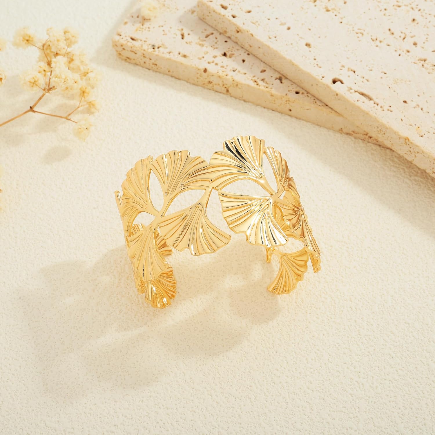 Gold Chunky Cuff Bracelet for Women Coral Ginkgo Leaf Statement Vintage Bracelets Trendy Gold Statement Jewelry - Image 9