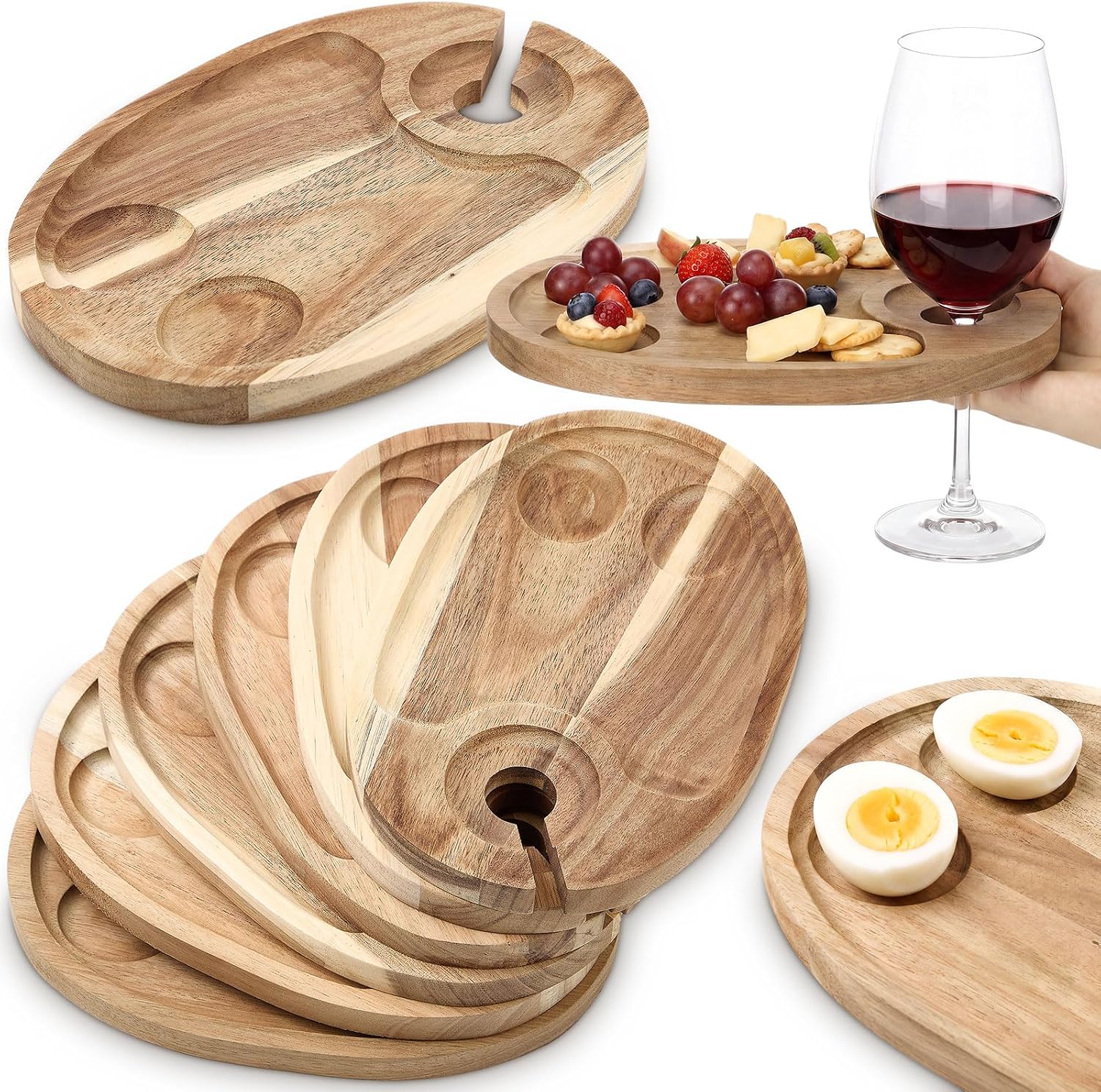 6 Set Wine Appetizer Plates with Glass Holder and Slot, Brown
