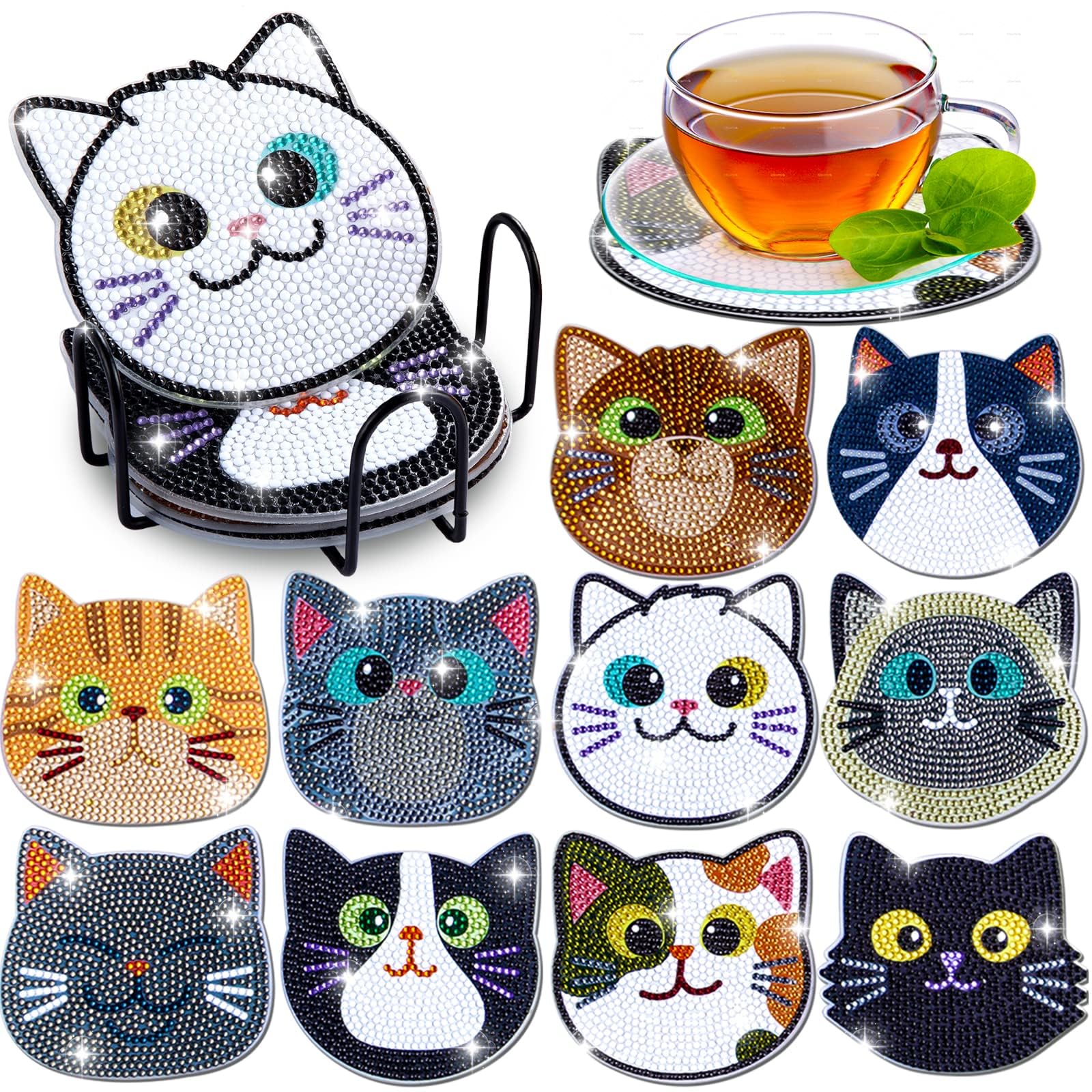 MTROYALDIA 10 PIECES Diamond Painting Coasters Set - Cat Theme Diamond Art Coasters Painting Kits for Kids and Adult Diamond Dots, Arts and Crafts DIY Kits for Adults and Kids Gift for Valentine's Day
