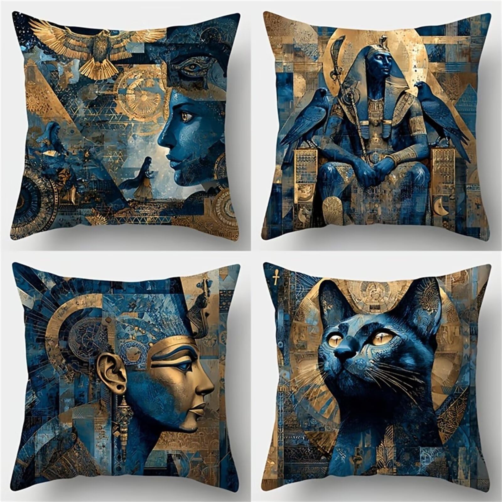 Fundas de Cojines 50x50 cm, Juego de 4 Fundas para Cojines Decorativas de Lino, Gato Egipcio Retro, Fundas de Almohada para Sofá, Silla y Decoración de Interiores