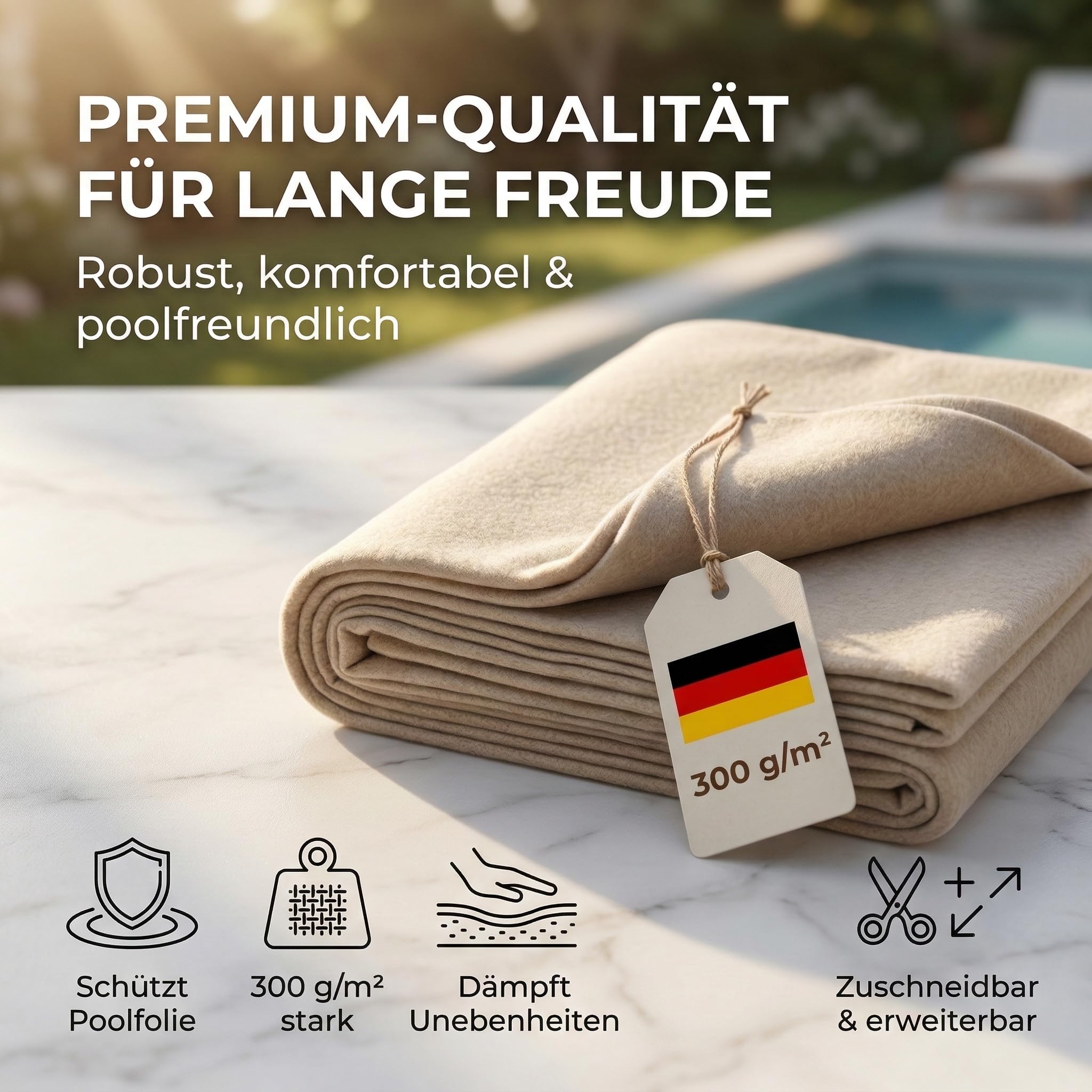 poolomio® Tapis de Sol pour Piscine extérieure, avec revêtement antibactérien pour protéger Le Liner de la Piscine, Non-tissé comme Tapis de Sol, rectangulaire, 370 x 370 cm