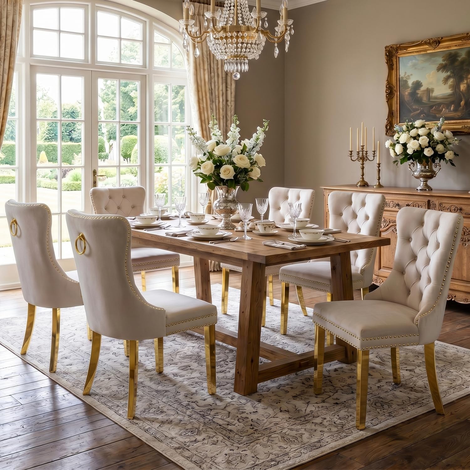 SoarFlash Sillas de Comedor en Terciopelo, con Espaldar ala Acolchado, Remaches de Clavos, Forro Remachado, Aro Decorativo Trasero y Patas en Metal Dorado, Juego de 6, Beige