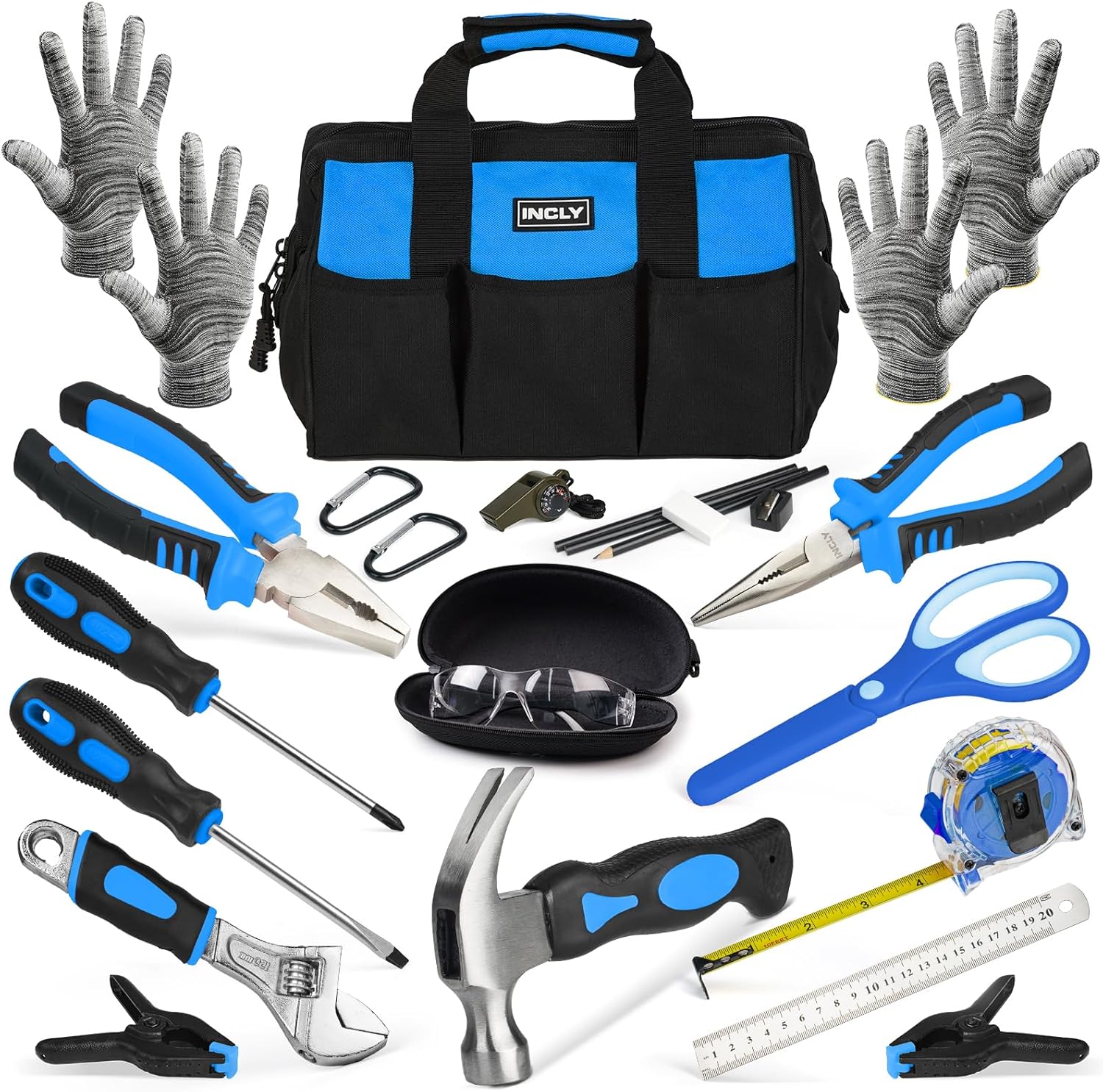 INCLY 24 PCS Kids Real Tool Set with Tool Bag, Boys Small Real Hand Tools Kit, Children Construction Learning Tools Hammer Screwdriver for Home DIY Building and Woodworking Blue