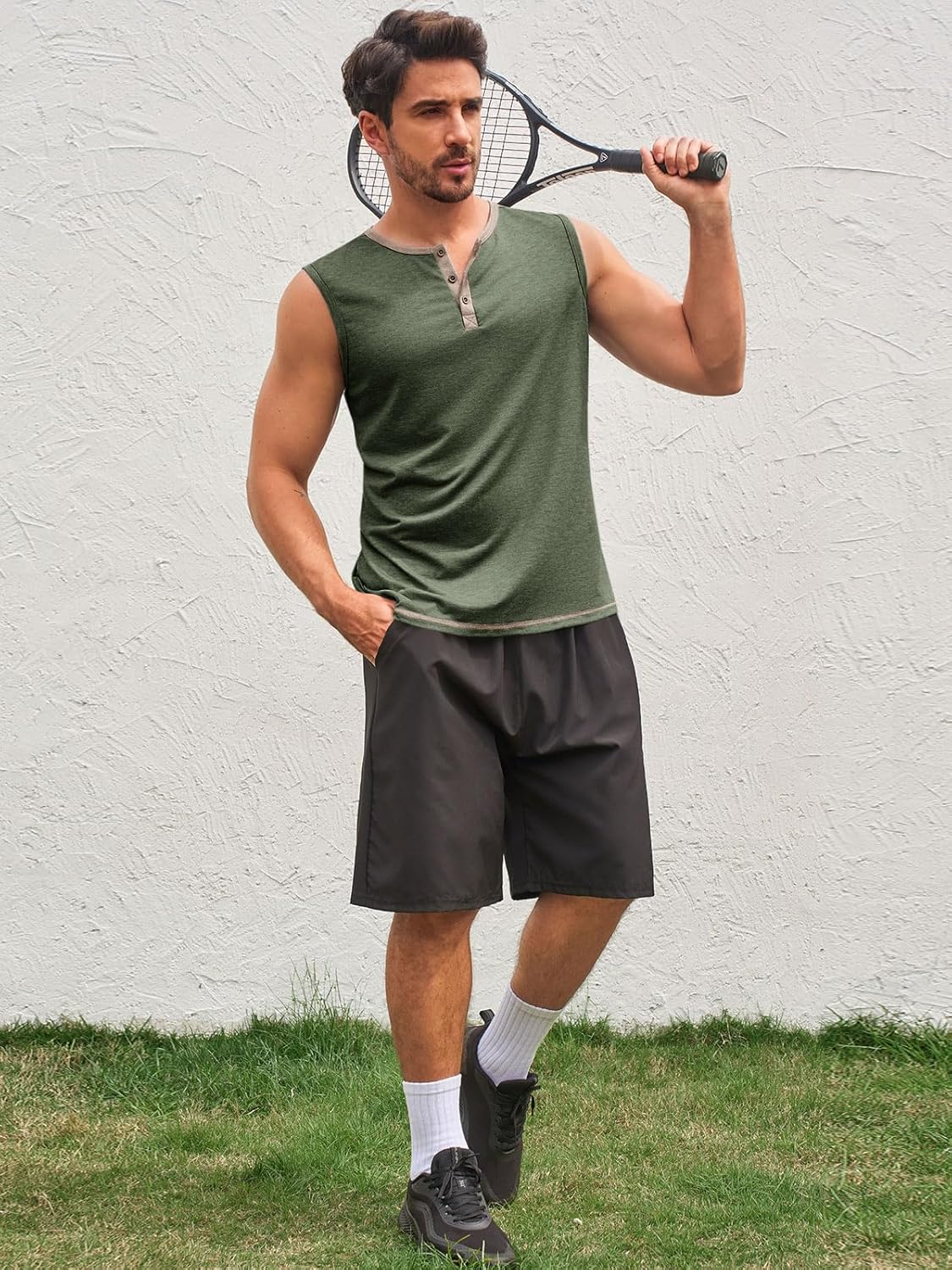 Runcati Men's Workout Tank Tops Sleeveless Gym Muscle Henley Shirt Casual Basic Summer Beach Tops - Image 4