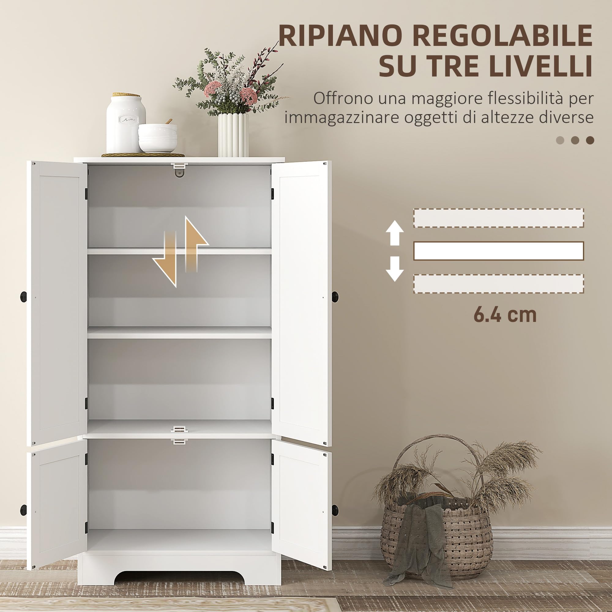 HOMCOM Credenza da Cucina a 4 Ante con 2 Armadietti, Mobile da Soggiorno e Salotto con Ripiano Regolabile e Dispositivo Antiribaltamento, 58.2x30x123 cm, Bianco