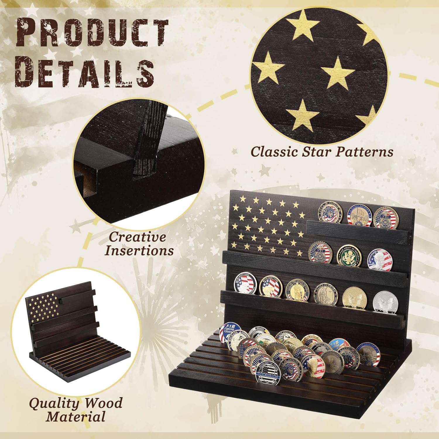 Threehoney 2 Pcs 250th Anniversary Commemorative Challenge Coin Display Stands 11 Rows Military Coin Holder Wooden Rack Holds 80 Coins Collectible Case with Removable Board Rows Display American Flag