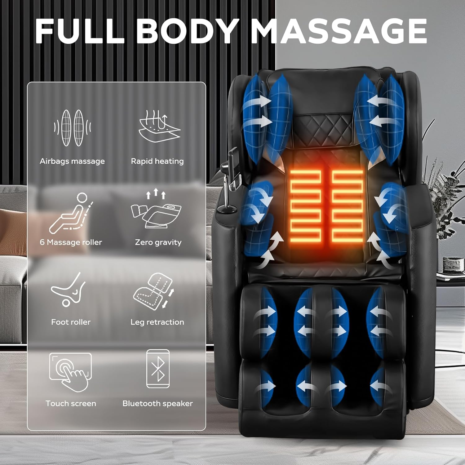 Graphic illustrating full body massage features including airbags massage, rapid heating, 6 massage rollers, zero gravity, foot roller, leg retraction, touch screen, and Bluetooth speaker.