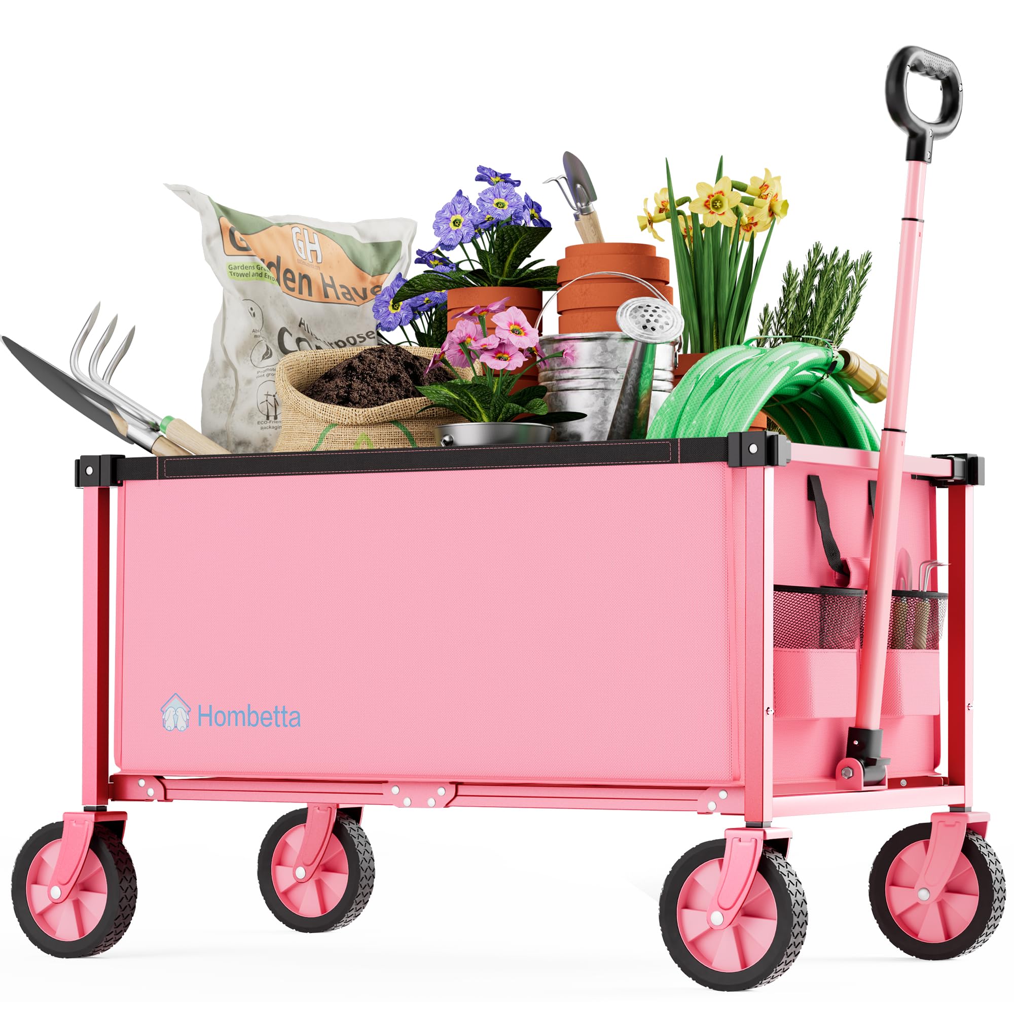 Hombetta Collapsible Wagon Cart with Wheels, 150L Lightweight Foldable Utility Cart, Portable Rolling Wagon for Garden, Shopping, Sports, Camping, Transport, Pink
