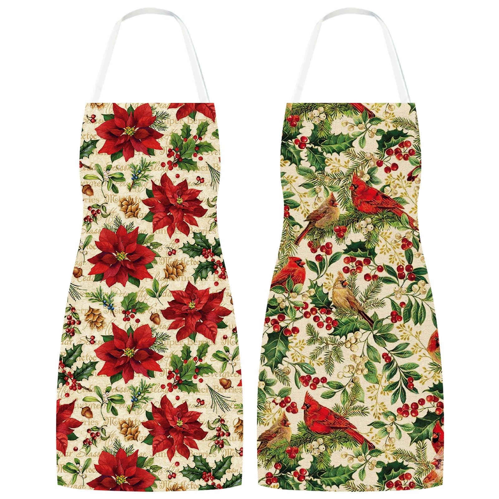 Whaline Christmas Aprons Poinsettia Flower Cardinal Bird Adjustable Kitchen Cooking Aprons for Xmas Holiday Home Party Supplies, Set of 2