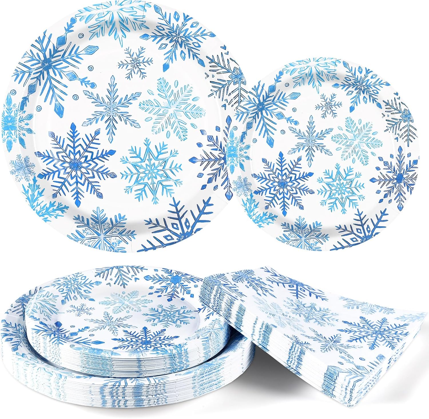 Homlouue 200 PCS Christmas Paper Plates and Napkins Sets, Snowflake Paper Plates and Napkins Disposable, Heavy Duty Christmas Plate Disposable, Blue Snowflake Holiday Plate Napkin, Serve 50 Guests
