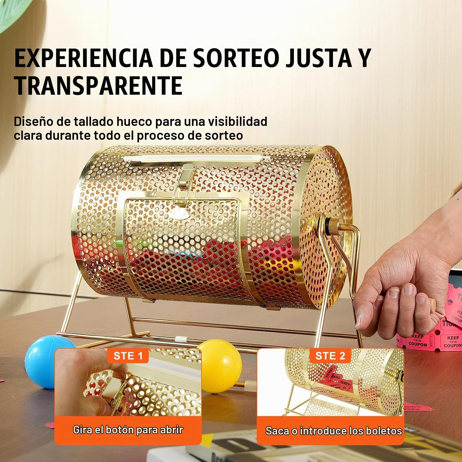 VEVOR Tambor de Tómbola de Lotería Capacidad de 2500 Boletos o 100 Pelotas de Ping-Pong Jaula de Juego de Bingo de Metal Chapado en Latón Mango Giratorio de Madera 295 x 190 mm para Evento de Votación