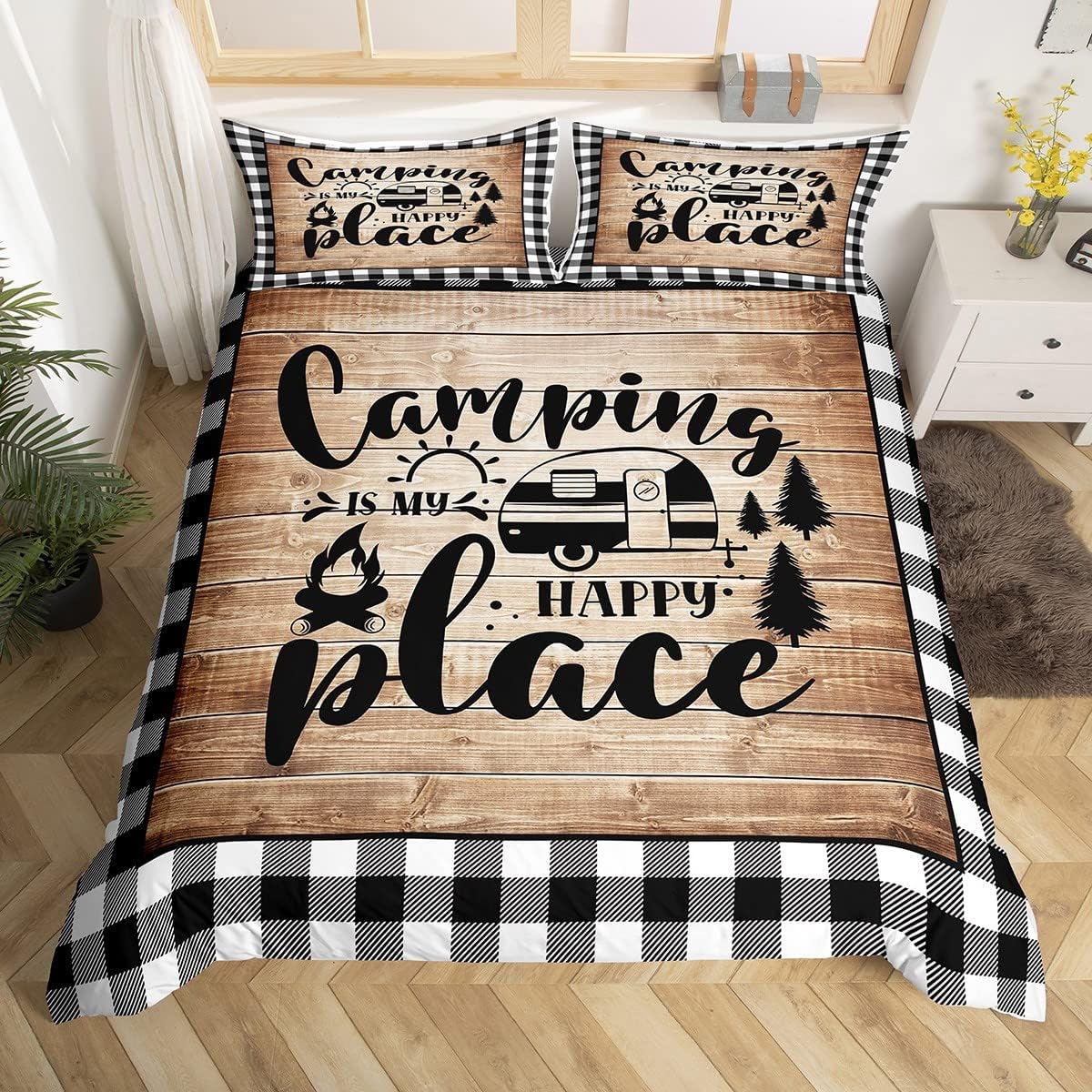 Camping Adventure Duvet Cover Set King Size,Camper RV Trailer Decor Bedding Set 3pcs for Kids Boys Girls Adults,Retro Wooden Plank Cottage Comforter Cover,Rustic Farmhouse Quilt Cover,2 Pillowcases