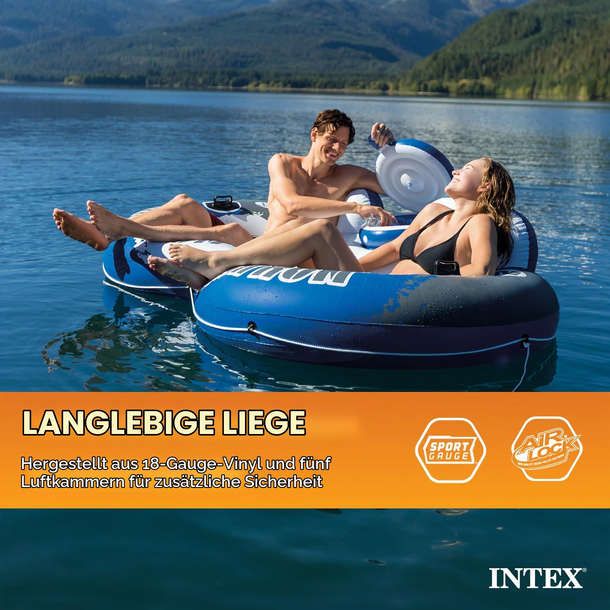 Intex River Run II Aufblasbarer 2-Personen-Pool-Schwimmkörper mit befestigtem Kühler und Reparaturset