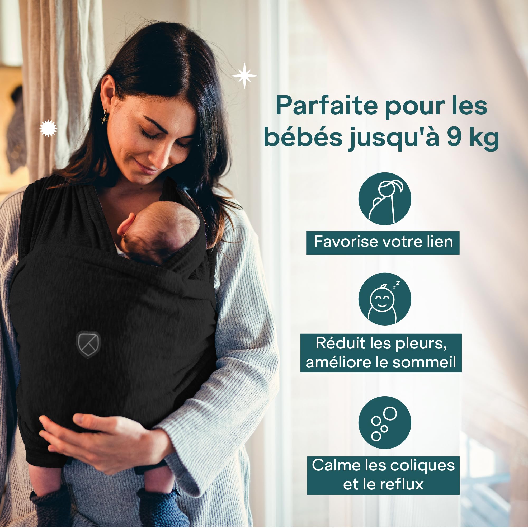 Koala Babycare Une écharpe de portage facile à enfiler, réglable, unisex - Porte-bébé multifonctionnel pour jusqu’à 9 kg - Noir - Design Enregistré KBC®