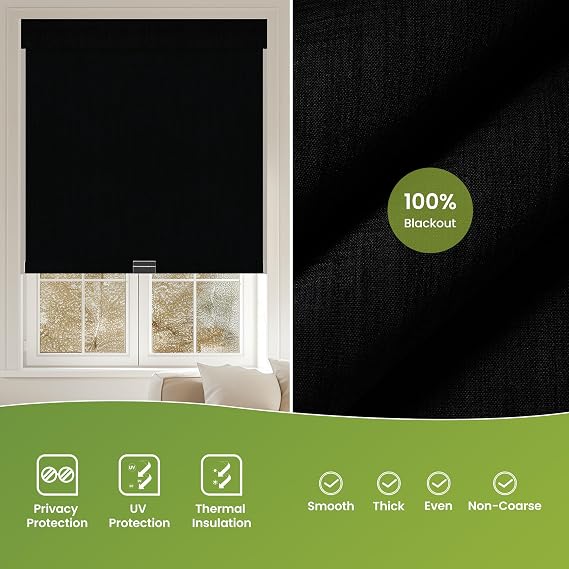 No Drill No Tools Roller Shades for Windows, Blackout Cordless Blinds with Linen Fabric-Matched, Easy to Install Custom Roller Blinds for Home Office Door, Black, Custom Size