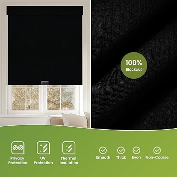 No Drill No Tools Roller Shades for Windows, Blackout Cordless Blinds with Linen Fabric-Matched, Easy to Install Custom Roller Blinds for Home Office Door, Black, Custom Size