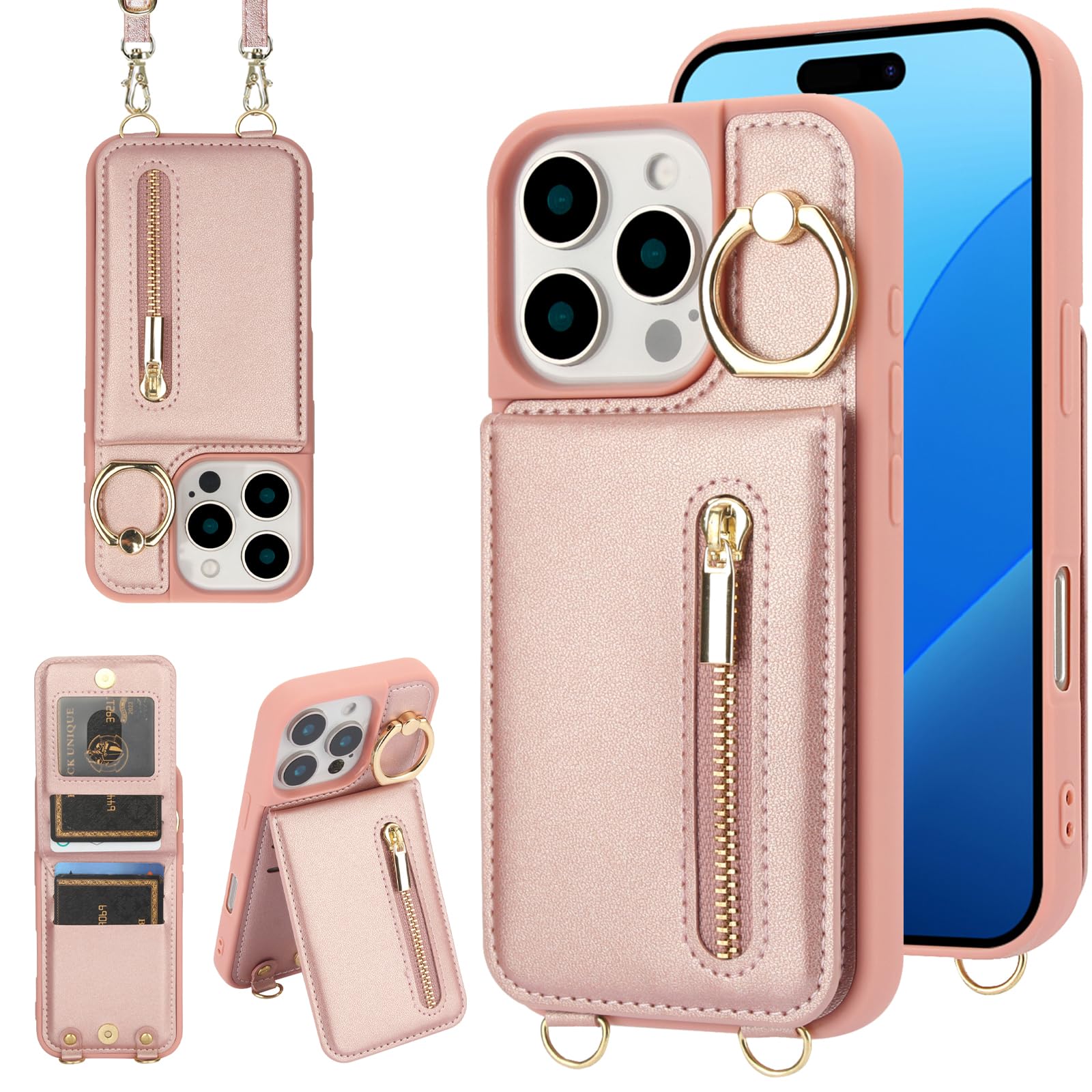 Jcxtrombulous Crossbody Wallet Case for iPhone 13 Pro Max with Lanyard Strap Card Slot Holder RFID Blocking 360°Ring Kickstand,Magnetic Flip Folio