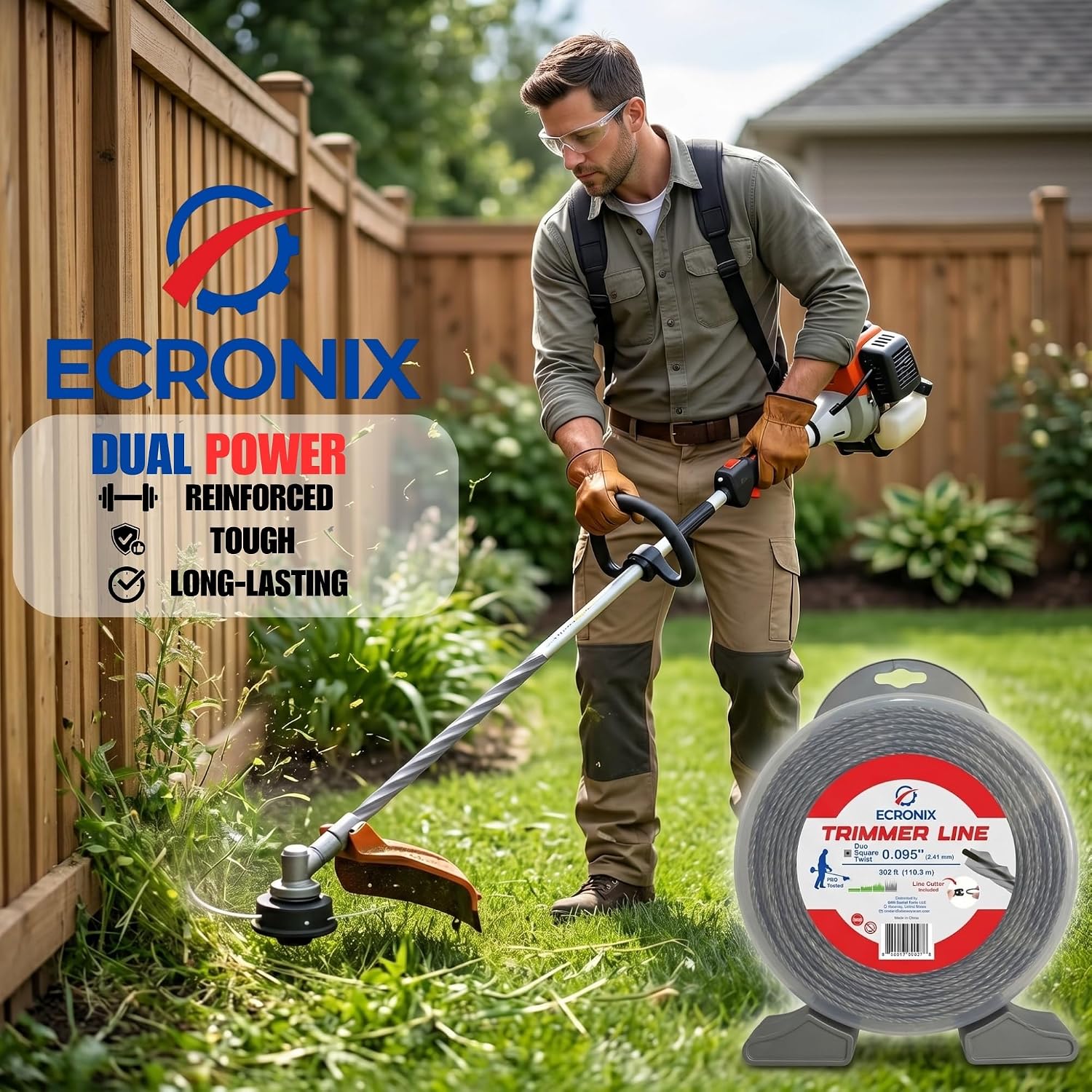 .095" Duo Square Twist Trimmer Line (362 ft / 1 lb) - Ultra Durable & Heavy Duty Weed Wacker String & Weed Eater Line - Dual-Component Low Noise Cord for Gas & Battery Trimmers - Free Cutter