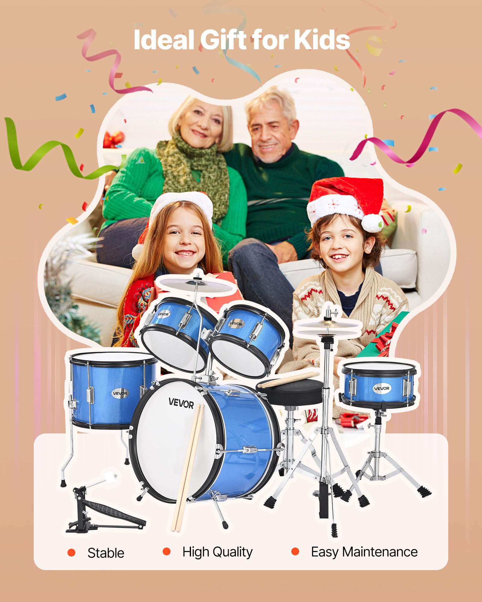 VEVOR Schlagzeug Set, 5-teilig, inkl. 40,6 cm Basstrommel, 25,4 cm Snare, 20,3 cm & 25,4 cm Tomtoms, 33 cm Standtom, Crash-Becken & 20,3 cm Hi-Hat, für Kinder von 6–13 Jahren, Blau