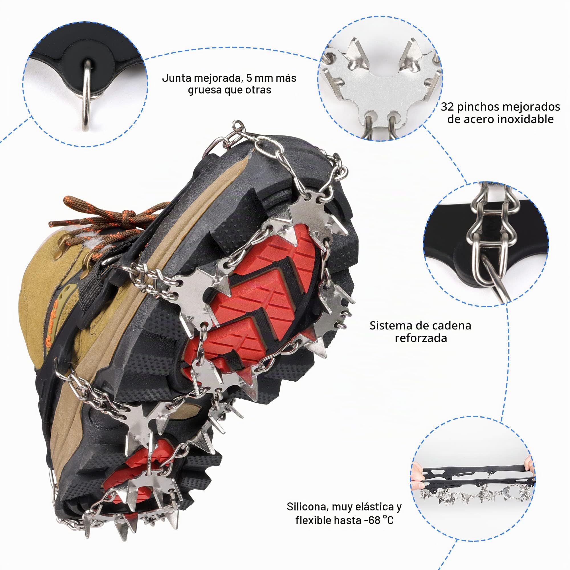 Crampones, 32 Dientes Tacos de Hielo Tracción Antideslizante Empuñaduras de Nieve para Botas Zapatos para Caminar, Senderismo, Escalada, Pesca y Montañismo