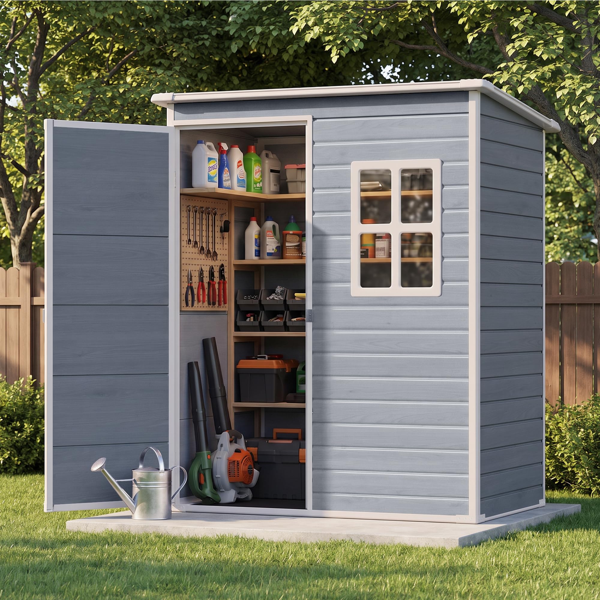 Casetta da Giardino in Resina,Capanno Porta Attrezzi Intemperie con 1 finestra, 1 porta 156×104×186 cm,Grigio