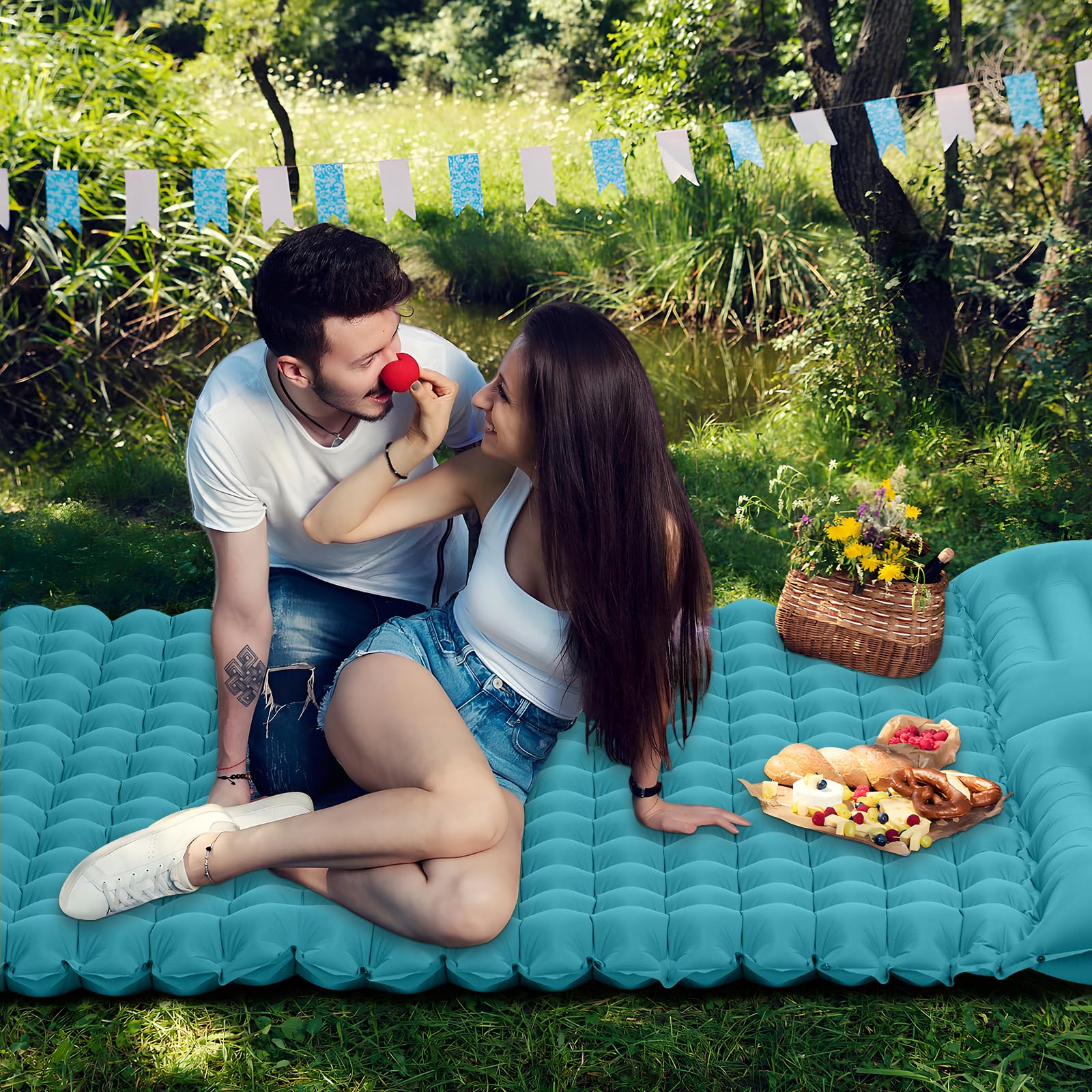 ERWEY Esterilla Camping Autoinflable Doble 200 x 135 cm, 10 cm Colchón Hinchable de Aire Ultraligero Inflable Adecuado para acampadas, Viajes, Actividades al Aire Libre y Uso en la Playa, Azul Pavón