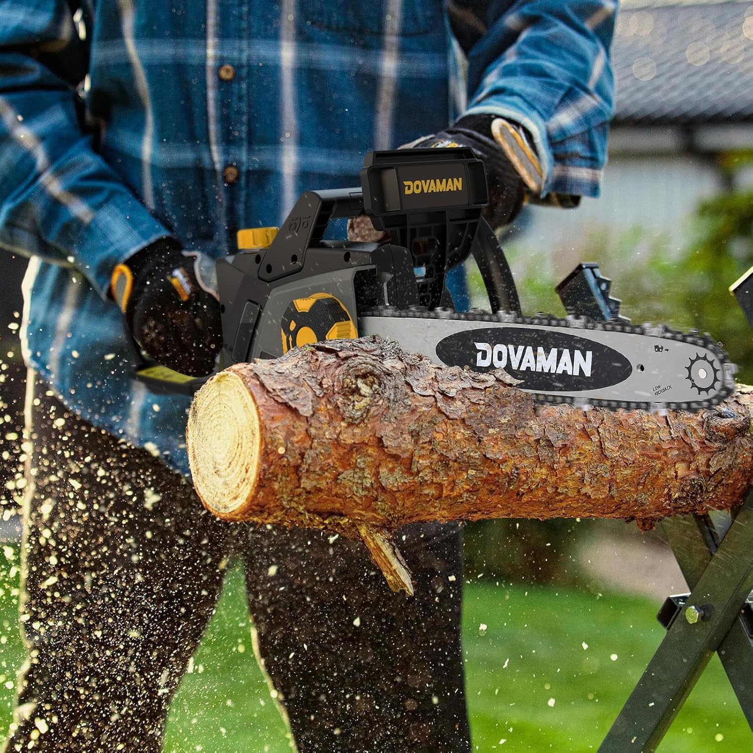 Person operating the DOVAMAN electric chainsaw to cut a log on a sawhorse
