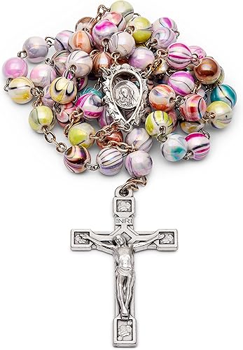 Rosario católico multicolor en cuentas de Arlecchino de 0,31" con un centro de mesa decorado de Nuestra Señora del Dolor., metal, peltre, vidrio,