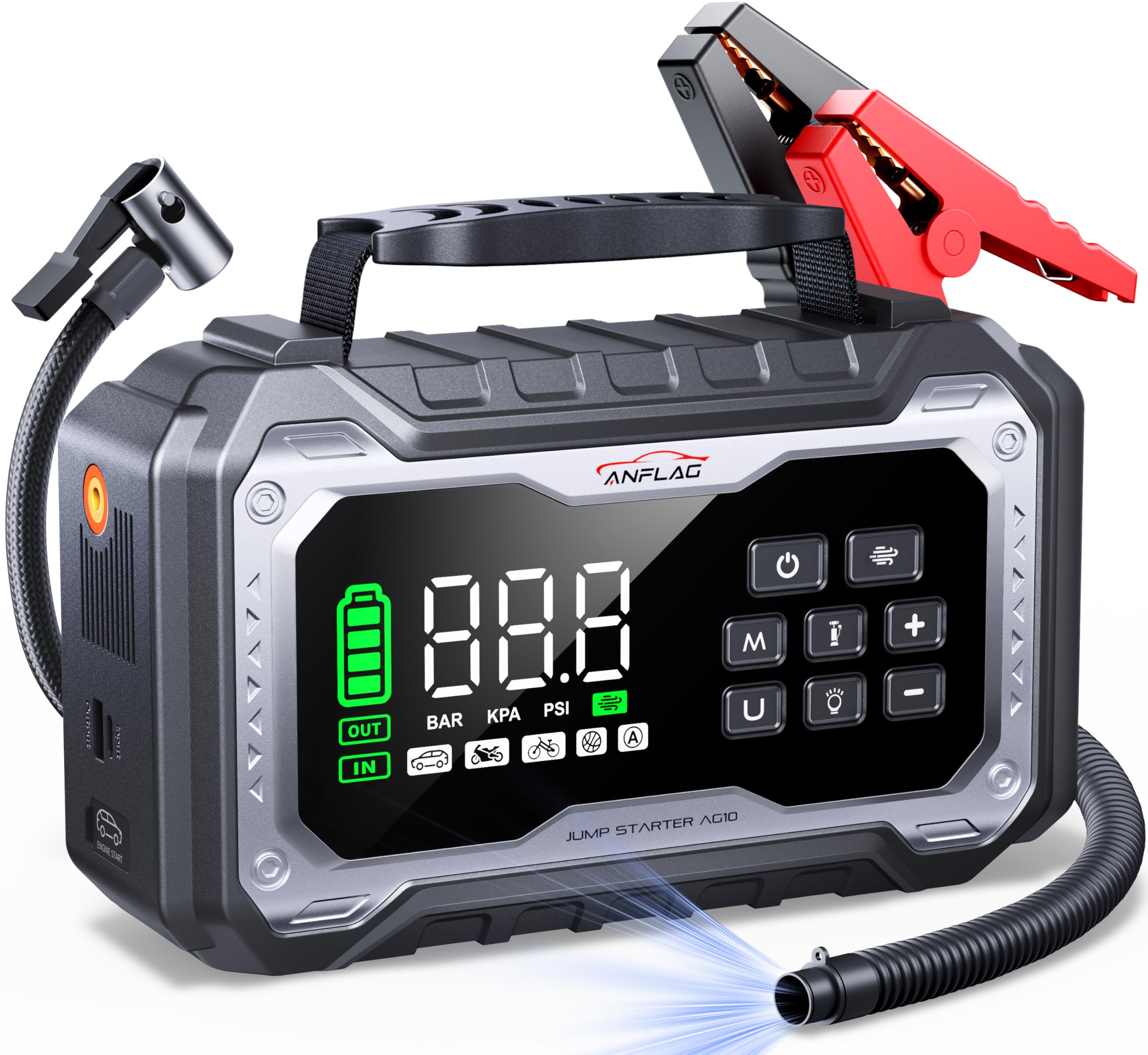 Paquete de energía de arranque de 8000 A con compresor de aire de 160 PSI y soplador, arrancador de batería de coche de 12 V (todos los gases/diésel de 14 litros), banco de energía portátil