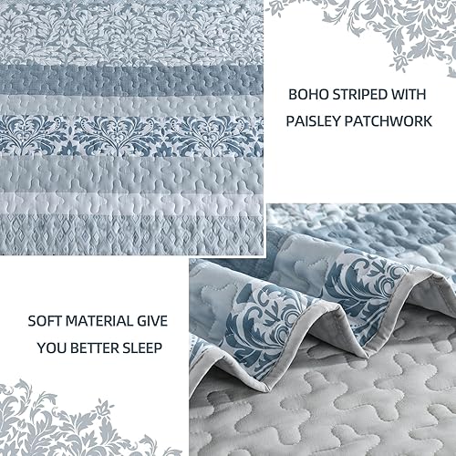 Miniatura 4 de DJY Juego de edredón bohemio tamaño King, juego de colcha de rayas azules de 3 piezas, juego de funda de cama ligera de microfibra suave con