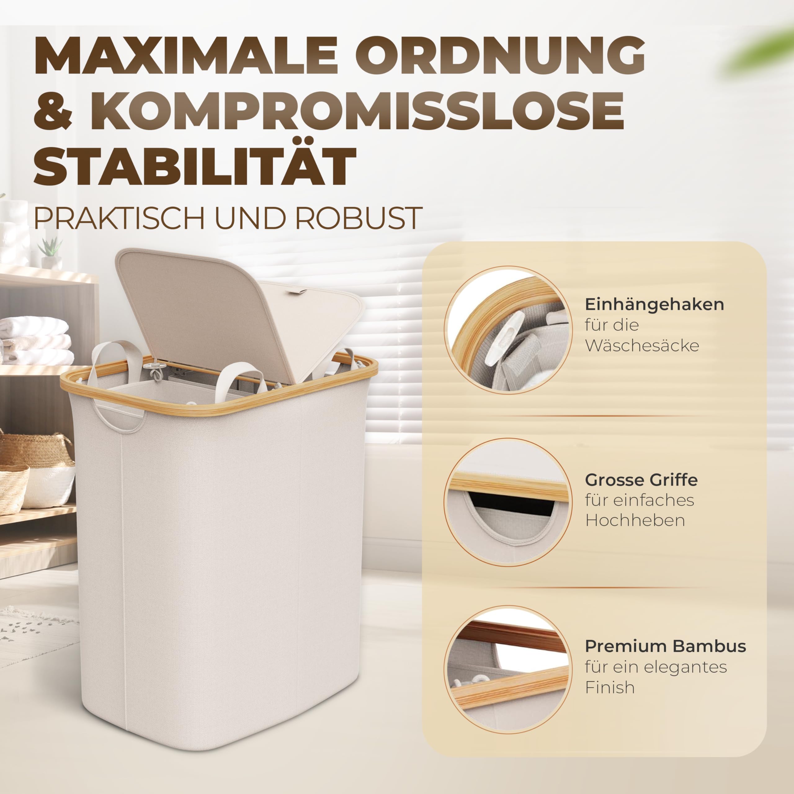 Celeko Licht Wasmand, 2 vakken met deksel, 150 liter, bamboe-stof, groot, XXL, sorteersysteem, wasverzamelaar, beige Celeko Licht Wasmand, 2 vakken met deksel, 150 liter, bamboe-stof, groot, XXL, sorteersysteem, wasverzamelaar, beige