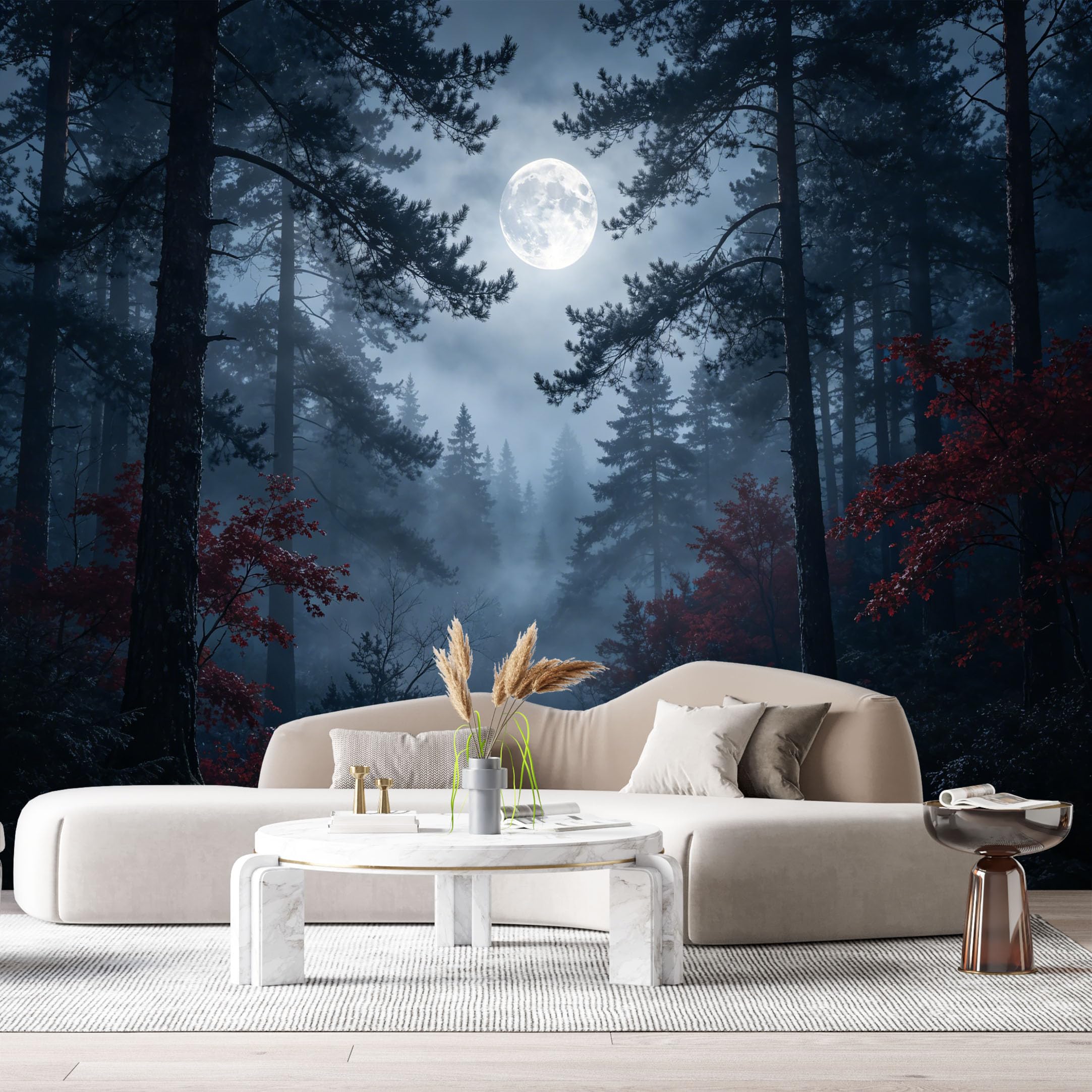 Custom Size Wall Murals Moonlit Forest Landscape Watercolor Misty Pine Trees Night Scenery SelfAdhesive Wall Fabric Removable Large Wallpaper for Photo Living Room