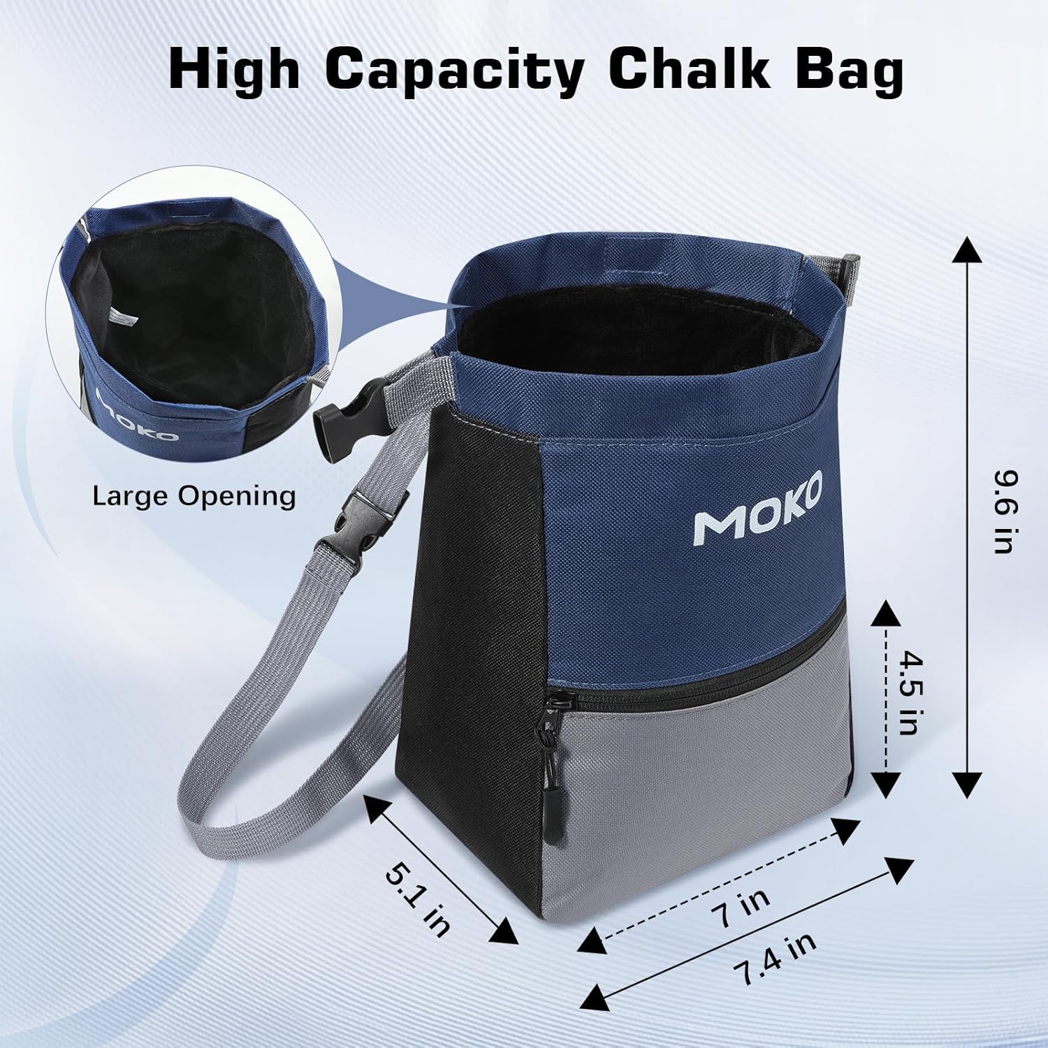 MoKo Chalk Bag for Rock Climbing, Large Capacity Climbing Chalk Bag with Magnetic Snap and Zipper Pocket, Portable Chalk Bucket for Rock Climbing, Weight Lifting, Bouldering, Gymnastics, Fitness image 2