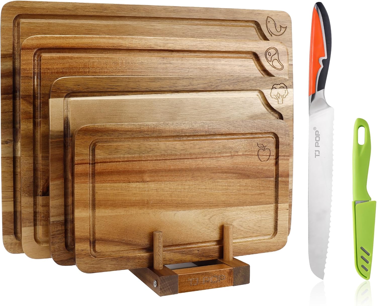 4-Piece Labeled Acacia Wood Cutting Board Set with VG-10 Damascus Santoku Knife, Kitchen Prep Bundle for Meat, Vegetables & Fruits